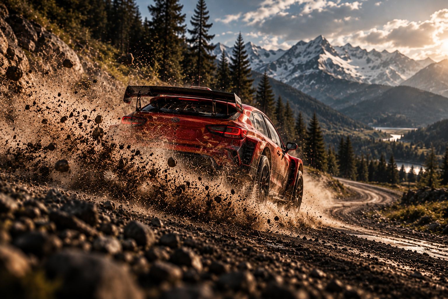 APEX RS rally car drifting through a gravel corner