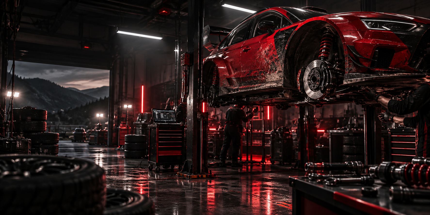 Race car on a lift with suspension and brake components exposed