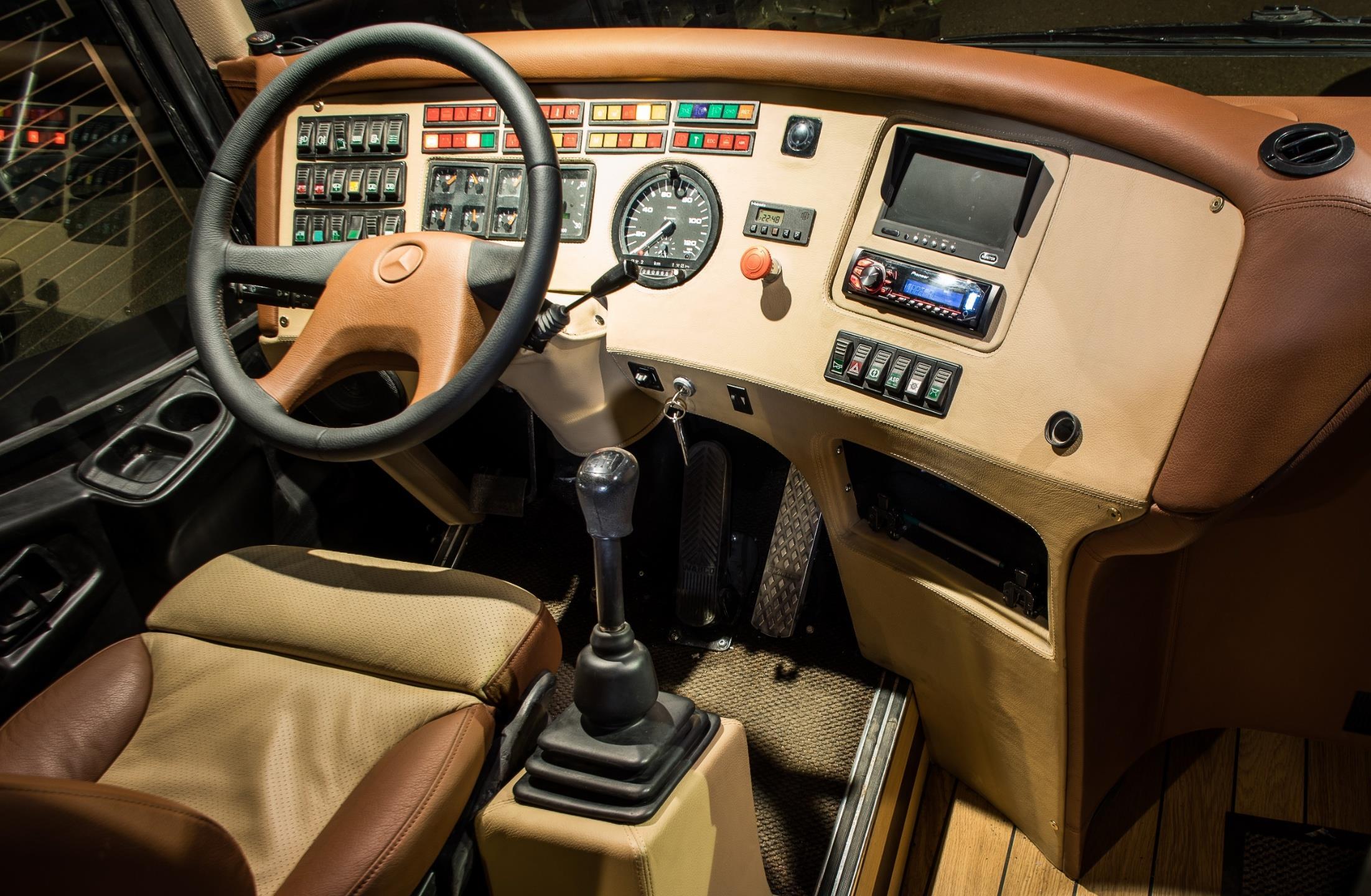 Driver cockpit and dashboard of the team bus