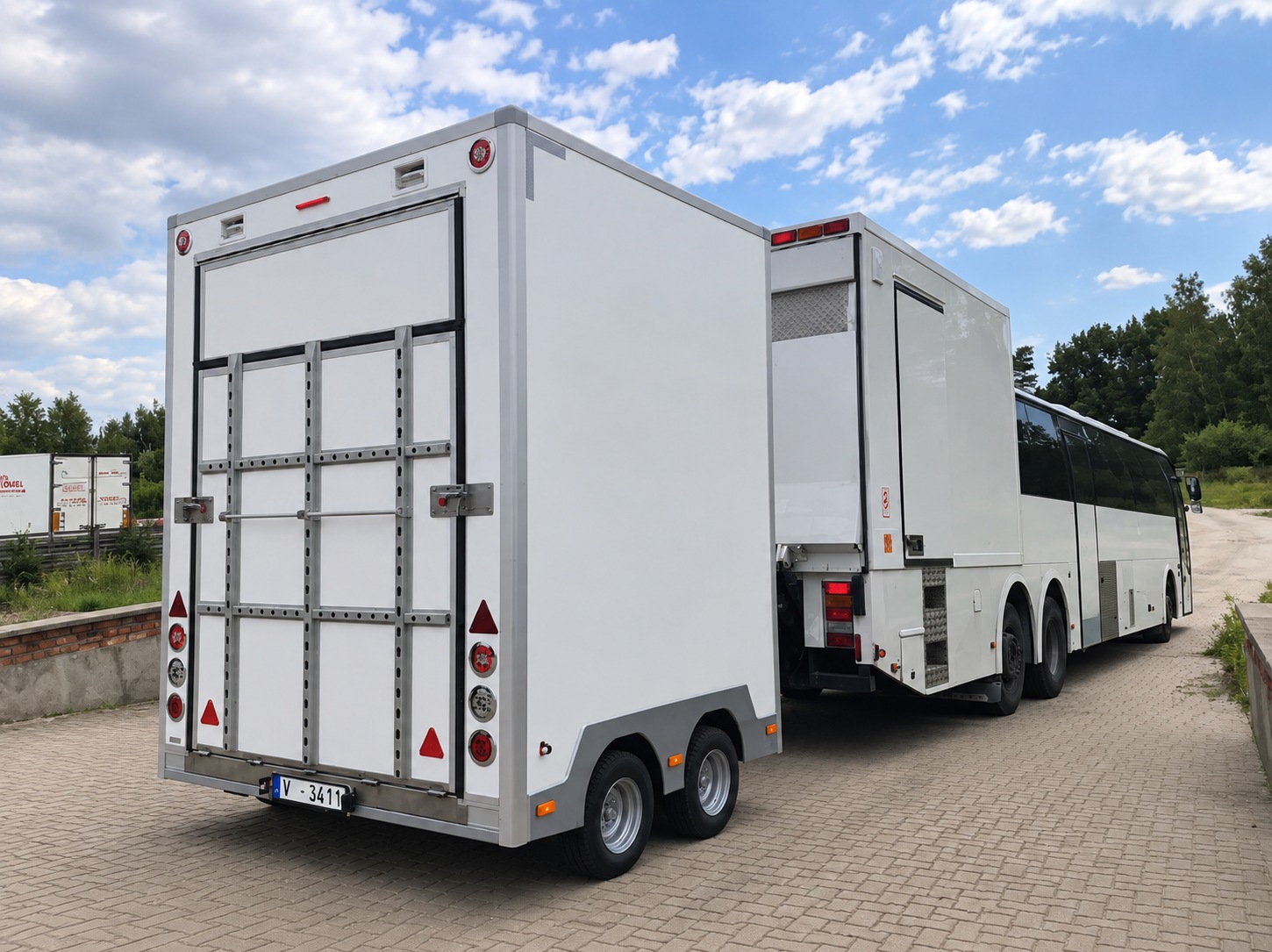 Close-up rear view of the service trailer